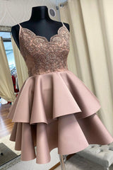 A-Line Satin Lace Short Prom Dresses, Cute Lace Party Dresses