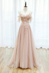 Pink Tulle Lace Long A-Line Prom Dresses, Spaghetti Strap Formal Evening Dresses