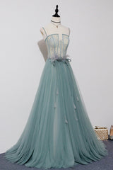 Green Lovely Tulle Straps Long A-Line Prom Dresses, Green Evening Dresses