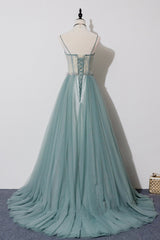 Green Lovely Tulle Straps Long A-Line Prom Dresses, Green Evening Dresses