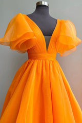 Orange Organza Long A-Line Prom Dresses, Beautiful V-Neck Evening Dresses