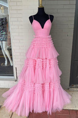 Pink V-Neck Layers Tulle Long Ball Gown, A-Line Spaghetti Strap Evening Dresses