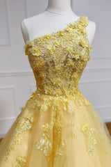 Yellow Lace One Shoulder Evening Dresses, A-Line Tulle Long Prom Dresses