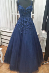 Blue Spaghetti Strap Tulle Appliqu篓娄d Long A-Line Prom Dresses