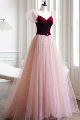 Burgundy Velvet and Pink Tulle Long A-Line Prom Dresses, Lovely Party Dresses