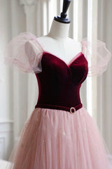 Burgundy Velvet and Pink Tulle Long A-Line Prom Dresses, Lovely Party Dresses