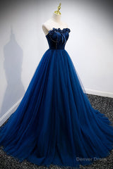 Blue Velvet Tulle Long Prom Dresses, A-Line Strapless Evening Dresses