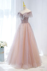 Pink Tulle Beaded Long Formal Dress, Pink V-Neck Prom Dress