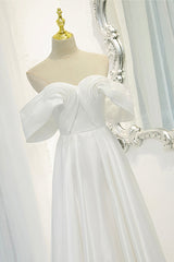 White Satin Long Prom Dresses, Off the Shoulder Evening Dresses