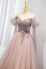 Pink Tulle Beaded Long Prom Dresses, Off the Shoulder Evening Dresses