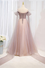 Pink Tulle Beaded Long Prom Dresses, Off the Shoulder Evening Dresses