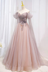 Pink Tulle Beaded Long Prom Dresses, Off the Shoulder Evening Dresses