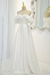 White Satin Long Prom Dresses, Off the Shoulder Evening Dresses