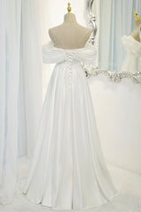 White Satin Long Prom Dresses, Off the Shoulder Evening Dresses