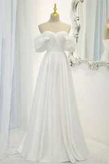 White Satin Long Prom Dresses, Off the Shoulder Evening Dresses