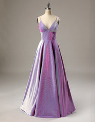 A-Line Long Prom Dresses Spaghetti Straps Lilac Evening Dresses