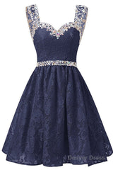 Gorgeous A Line Straps Knee Length Lace With Beading Homecoming Dresses