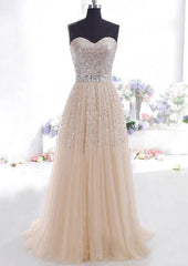 Strapless A-Line/Princess Sweep Train Tulle Prom Dresses With Beaded