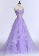 Sleeveless Sweetheart Sweep Train A-line/Princess Tulle Prom Dresses With Beading Appliqued