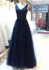 Tulle Dark Navy Prom Dresses A-Line/Princess V-Neck Long/Floor-Length With Beaded Appliqued