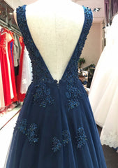 Tulle Dark Navy Prom Dresses A-Line/Princess V-Neck Long/Floor-Length With Beaded Appliqued