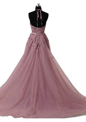 Tulle Wisteria Prom Dresses A-Line/Princess Scoop Neck Court Train With Appliqued