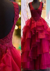 Red Prom Dresses, Ball Gown Square Neckline Sleeveless Long/Floor-Length Organza Prom Dresses With Ruffles Appliqued Beading