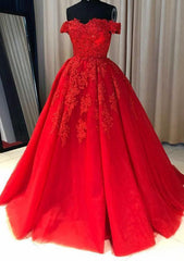 Red Ball Gown Off-the-Shoulder Sleeveless Court Train Tulle Prom Dresses With Pleated Appliqued