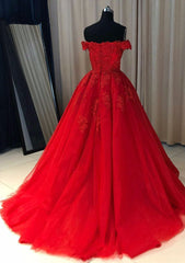 Red Ball Gown Off-the-Shoulder Sleeveless Court Train Tulle Prom Dresses With Pleated Appliqued