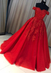 Red Ball Gown Off-the-Shoulder Sleeveless Court Train Tulle Prom Dresses With Pleated Appliqued