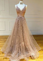 Princess V Neck Sweep Train Lace Tulle Yarn Prom Dresses With Glitter