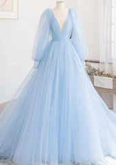 A-line Princess V Neck Full/Long Sleeve Court Train Tulle Prom Dresses- Prom Dresses