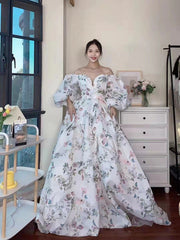 Bubble Sleeves A-line Prom Dresses, Elegant Floral Long Prom Dresses, Popular Wedding Guest Dresses