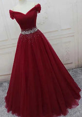 Ball Gown Off-the-Shoulder Tulle Long/Floor-Length Sparkling Prom Dresses With Beading