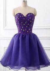 A-line Sweetheart Sleeveless Tulle Short/Mini Homecoming Dresses With Beading Rhinestone