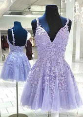 A-line V Neck Sleeveless Lace Tulle Short/Mini Homecoming Dresses With Appliqued Beading