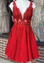 A-line V Neck Sleeveless Lace Short/Mini Homecoming Dress With Beading