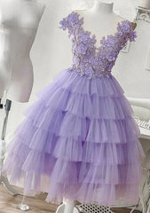 A-line V Neck Sleeveless Tulle Short/Mini Homecoming Dresses With Appliqued