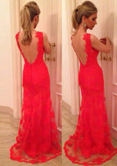 Red Prom Dresses, Sheath/Column V Neck Sleeveless Sweep Train Lace Prom Dresses With Appliqued