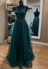 Ink Blue Prom Dresses, A-line V Neck Sleeveless Lace Tulle Long/Floor-Length Prom Dresses With Beading