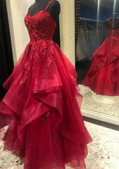 Burgundy Prom Dresses, A-line V Neck Spaghetti Straps Long/Floor-Length Lace Prom Dresses With Beading