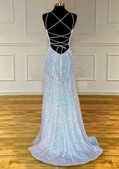 Pretty Prom Dresses, Sheath/Column V Neck Spaghetti Straps Sweep Train Sequined Prom Dresses With Pleated