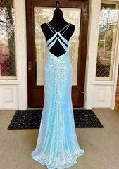 Fantasy Prom Dresses, Sheath/Column V Neck Spaghetti Straps Sweep Train Sequined Prom Dresses With Split