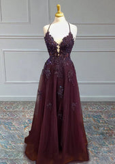 Tulle Cabernet Prom Dresses A-line V Neck Spaghetti Straps Long/Floor-Length With Beading Sequins Appliqued