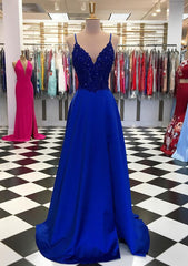 Royal Blue Prom Dresses, A-line V Neck Regular Straps Long/Floor-Length Satin Prom Dresses With Appliqued Beading