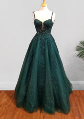 Dark Green Prom Dresses, A-line Sweetheart Spaghetti Straps Long/Floor-Length Tulle Prom Dresses With Beading Glitter Appliqued