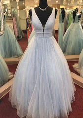 A-line V Neck Long/Floor-Length Tulle GlitterProm Dresses With Beading