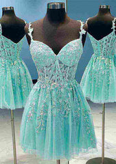 A-line V Neck Sleeveless Short/Mini Lace Prom Dresses With Beading