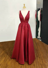 A-line V Neck Regular Straps Long/Floor-Length Satin Prom Dresses With Appliqued Beading