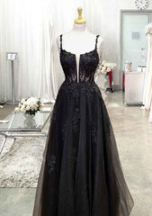 A-line Square Neckline Spaghetti Straps Long/Floor-Length Tulle Prom Dresses With Glitter Beading Appliqued- Prom Dresses